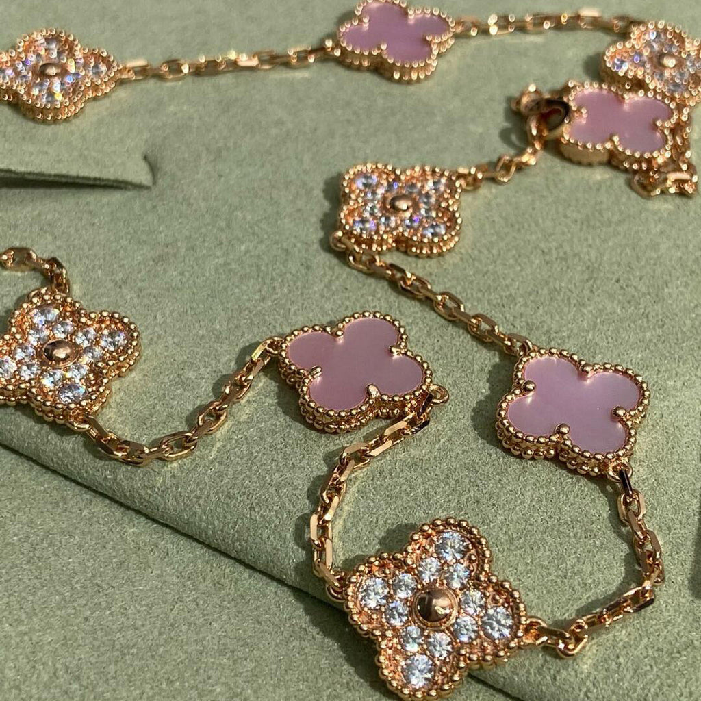 VCA CLOVER 10 MOTIFS DIAMOND PINK MOP NECKLACE